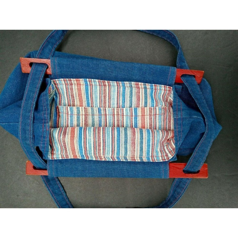Denim Purse 1970s Blue Jean Handmade Vintage Reversible Wood Handle Red Bandana - Picture 5 of 8